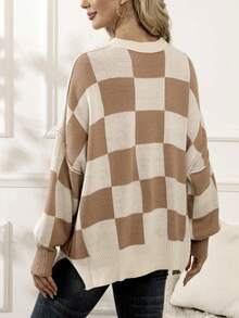 女式大码圆领大码落肩长袖宽松针织毛衣上衣，秋冬 - 卡其色 - 查看 4