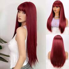 Wine Red 24 Inch / 61cm Long Straight Synthetic Wigs With Bangs For Women Girls Daily Party Cosplay Use Music Festival Wigs For Christmas Day - Multicolor - View 11