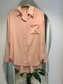 Women's Long Sleeve Button Down Shirt - Salmon - View 1