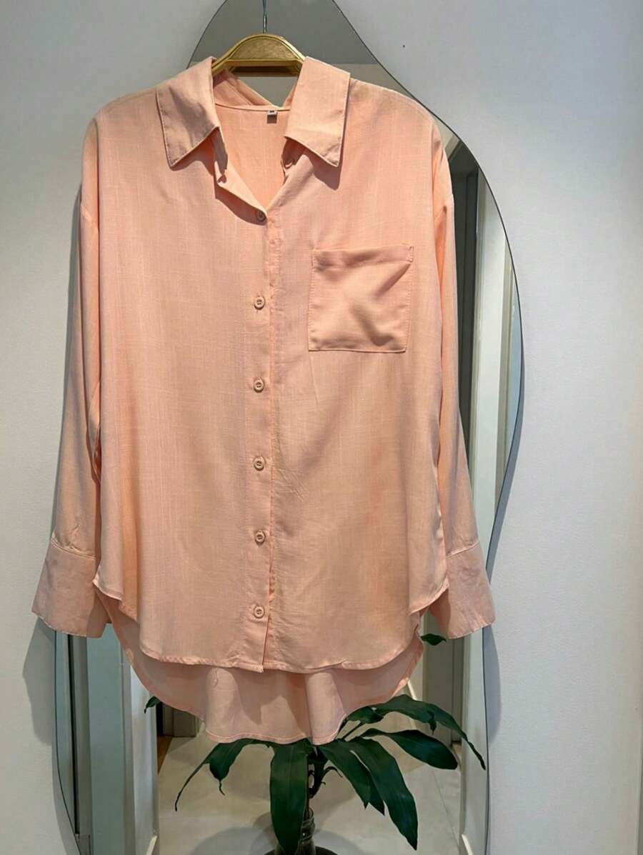 Women's Long Sleeve Button Down Shirt - Salmon - View 1