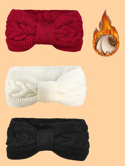 2pcs Knitted Headbands, Knitted Headbands With Bow, Thick & Warm Solid Color Knit Fabric, Suitable For Autumn/Winter