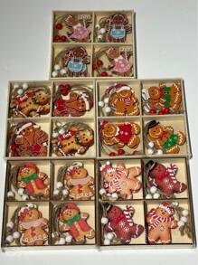 12 件/盒全新圣诞装饰品木制姜饼人、圣诞老人、雪花、驯鹿、雪橇木制装饰品 - 彩色 - 查看 10