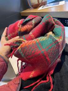 1 件经典红绿格子流苏围巾，女士双面冬季保暖披肩圣诞节 - 紅色 - 查看 5