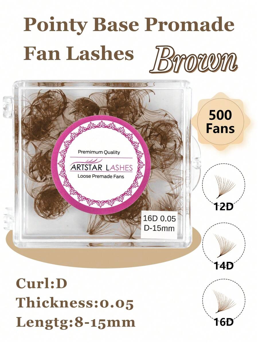 ARTSTAR 500 Fans Curvature D Brown Color Premade Fans Lashes 12D/14D/16D Loose Fans Eyelash Extension 0.05mm Handmade Long Piont Stem 500 Fans False Eyelashes