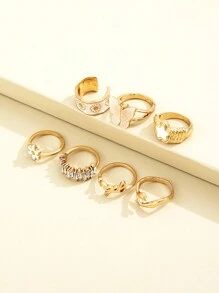 7 件儿童女孩时尚合金珐琅五角星、蝴蝶、雏菊、拥抱字母图案戒指套装 - 均碼 - 查看 2