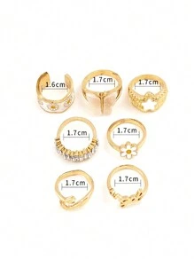 7 件儿童女孩时尚合金珐琅五角星、蝴蝶、雏菊、拥抱字母图案戒指套装 - 均碼 - 查看 5