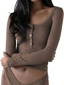 Women Henley Shirt Casual Solid Color Retro 1/2 Button Long Sleeve Y2K Slim Fitted Ribbed Knit Crop Tops - Khaki - View 3