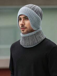 2 件套：1 顶男士无檐便帽 + 1 条围巾，蓬松翻边竖条纹护耳针织帽，保暖防风冬季户外休闲头饰 - A - 查看 18