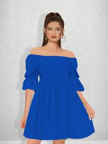 Vestido Corto Casual Strapless Y Manga Abullonada Para Dama Modelo Ezcaray 2 Marca Epifania - Azul Rey - Ver 1