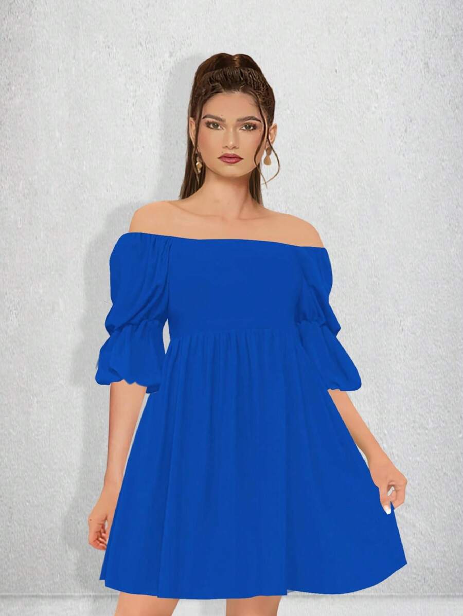 Vestido Corto Casual Strapless Y Manga Abullonada Para Dama Modelo Ezcaray 2 Marca Epifania - Azul Rey - Ver 1