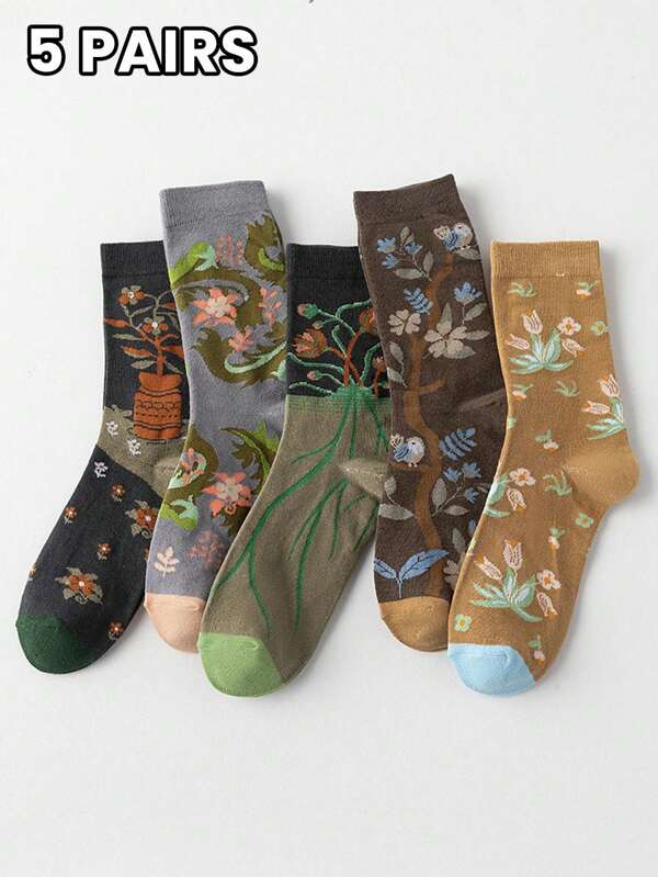 5 Paia di Calzini a Metà Gamba Personalizzati di Moda per Donna con Motivi Floreali e Vasi di Fiori, Adatti per Tutte le Stagioni