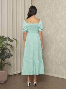 Long Dress With Puffed Sleeves Elastex Print - Mint Blue - View 2
