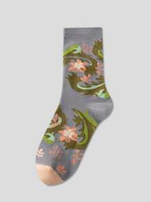 5 Pairs Women's Vintage Artistic Floral Patterned Fashionable Mid-Calf Socks, Suitable For All Seasons - Multicolor - View 5