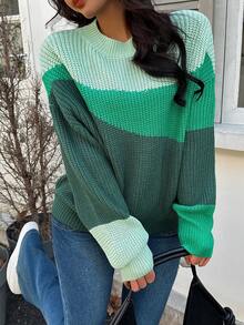 Ombre Green Crew Neck Casual Sweater