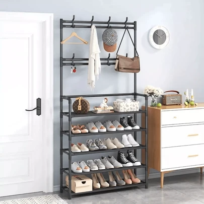 Zapatero Puerta de casa de 5 capas, zapatero y sombrero integrado de pie, dormitorio, sala de estar, perchero para colgar ropa, estante de almacenamiento simple, perchero para ropa y sombreros de pie, puerta de dormitorio simple para el hogar, zapatero integrado, perchero para colgar ropa, zapatero de almacenamiento para dormitorio