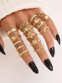 Bộ 16 chiếc nhẫn kết hợp mặt đá Opal Hollow Emboss hình voi, mặt trăng và ngôi sao thời trang - Vàng - Xem 1