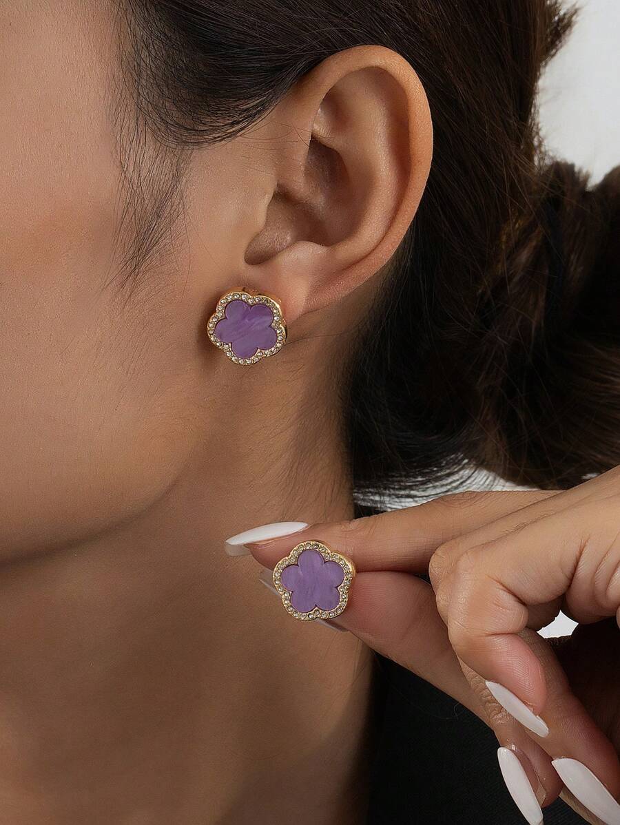 1 par de pendientes de trébol con incrustaciones de rhinestone de estilo de fiesta de moda para mujeres, regalo para fiesta - Morado - Ver 1