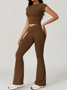 NcmRyu 2Piece Set Women's Solid Crop High Waist Biker Pants Tracksuit Set, Flare Bottoms Legging Streetwear Tracksuit, Sporty Breathable Comfy Outfits For Gym Workout Running, Ladies Sportswear, Minimalistic Outfit - 咖啡棕 - 查看 3