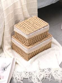 1 Pezzo Scatola da tavolo per il Contenimento, Scatola portaoggetti intrecciata in rattan di carta, Cesto di Stoccaggio con Coperchio, Cesto per riporre Vari Oggetti, Snack, Prodotti Cosmetici, Cucina, Giocattoli, Cesto Portaoggetti per Cosmetici, Cesto