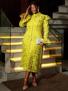 Plus Size Lace Two Pieces Set Long Flare Sleeves Coat With Spaghetti Strap Dress Elegant, Party Dress, Wedding Guest Cocktail Dress - Green - View 5