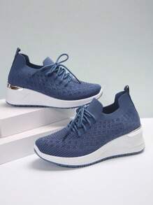 Giày đế dày đính đá thời trang mùa xuân 2024 cho nữ, giày thể thao thường ngày cỡ lớn thoáng khí, giày chạy bộ thể thao màu trơn đơn giản nhẹ gót dày thoải mái thời trang, giày đi bộ màu xanh - Màu xanh lam - Xem 4