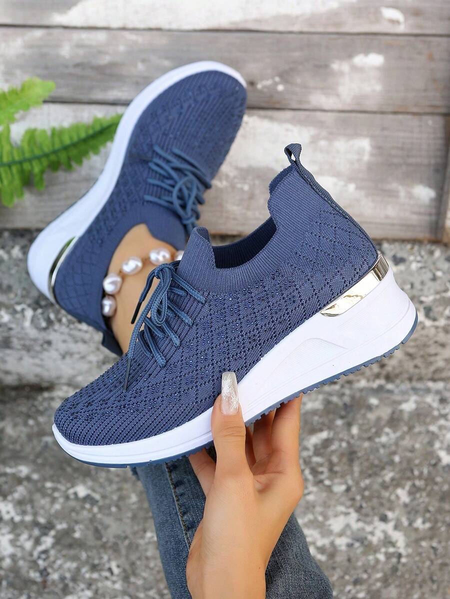 Giày đế dày đính đá thời trang mùa xuân 2024 cho nữ, giày thể thao thường ngày cỡ lớn thoáng khí, giày chạy bộ thể thao màu trơn đơn giản nhẹ gót dày thoải mái thời trang, giày đi bộ màu xanh - Màu xanh lam - Xem 1