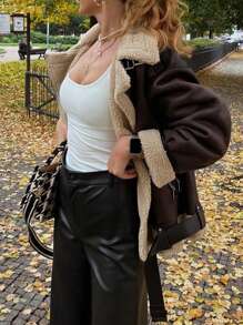 Women Oversized Sherpa Lined Leather Jacket Faux Suede Fleece Shearling Coat Winter Biker Aviator Jacket Overcoat - Brown - View 3