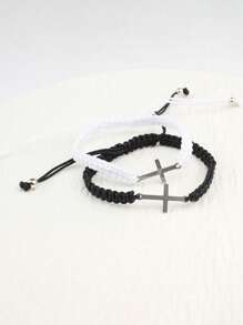 2pcs Stainless Steel Cross Bracelet, Black And White Woven Rope Couple Bracelets, Size Adjustable, Ideal Choice For Gifts