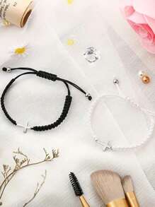 2pcs Stainless Steel Cross Bracelet, Black And White Woven Rope Couple Bracelets, Size Adjustable, Ideal Choice For Gifts