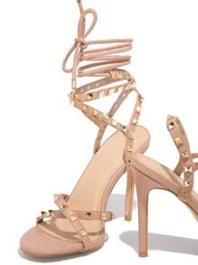 Mini Glam Shoes Women's Strappy Heeled Sandals With Decorative Studs, Fashion, Glamour, Stiletto Heel, Elegant - 卡其色 - 查看 4