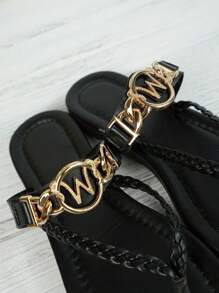 Women's Bohemian Metal Buckle Slip-On Slide Flat Sandals, Versatile Beach Slip-On, Summer New Vintage Style, Braided Strap