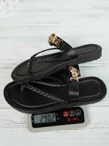 Women's Bohemian Metal Buckle Slip-On Slide Flat Sandals, Versatile Beach Slip-On, Summer New Vintage Style, Braided Strap