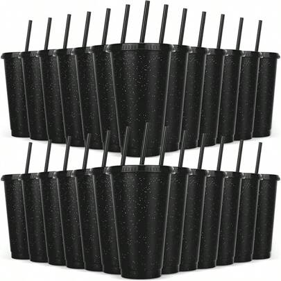 HILAKE 10 piezas de vasos de plástico con destellos negros, rosas y transparentes con tapas y pajitas, botellas de agua reutilizables con tapas, tumblers de plástico de colores, adecuados para fiestas, cumpleaños, vasos para café con hielo, vasos para viaje, vasos para bebidas frías, vasos de vidrio a granel, para uso en exteriores, camping, regalo del Día de la Madre