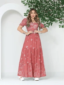 Women's Long Dress With Short Sleeves And Print - Rusty Rose - View 1
