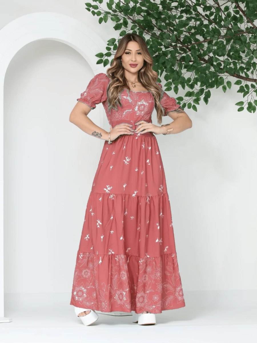 Women's Long Dress With Short Sleeves And Print - Rusty Rose - View 1