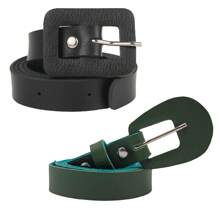 Women's Belt Kit 2 Units, PU Leather Ideal Combo For Everyday Use, 1 Belt With Square Buckle And Another Basic Belt With Oval Buckle, You Choose The Color, Adjustable Create Your Combo - xanh quân đội - Xem 1