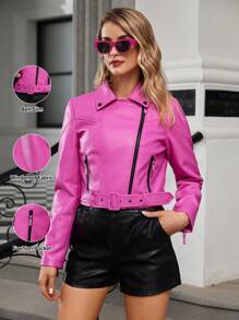 ZIAI 女式短款拉链领夹克，春/秋 - 玫紅色 - 查看 1