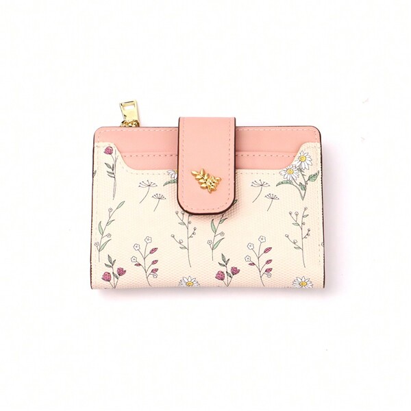 Suphiar Casual Leaf Design Metal Button Trifold Wallet Pink Gifts For Women Wallet Purse Wallet Small Wallet