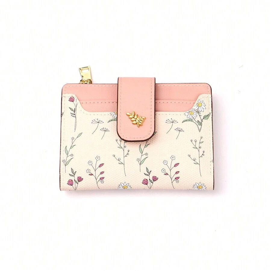 Casual Leaf Design Metal Button Trifold Wallet Pink Gifts For Women Wallet Purse Wallet Small Wallet - 粉色 - 查看 1