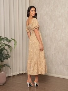 Long Dress With Puffed Sleeves Elastex Print - Beige - View 2