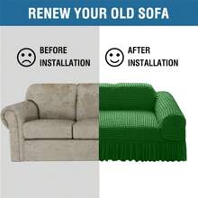 1 Stück Sofaüberzug, einfach passender Sofabezug, universeller Stretch und strapazierfähiger Möbelschutz mit Volant im Landhaus Stil - Dunkelgrün - Übersicht 5