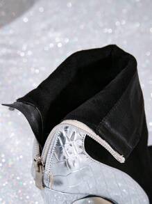 Simple Black Contrast Color Short Boots With Zipper, Pointed Toe Thin Heel Gold Boots With Fur Lining, Warm, European & American Style, Fashionable Mid-Calf Boots For Halloween,Wear With Dress