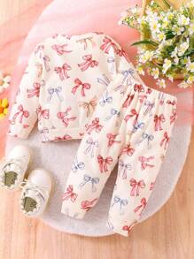 2 件套女婴可爱蝴蝶结印花长袖运动衫和裤子套装，轻便，适合春秋季 - 杏色 - 查看 2