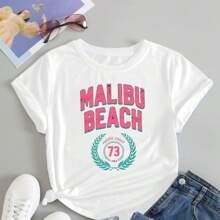 Malibu Beach Printed Blouse T-Shirt Women's Clothing Aesthetic Streetwear100% Cotton - trắng - Xem 2