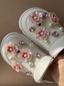 18pcs Spring/Summer Pink Flower, Crystal, Pearl Shoes Decor Set, Suitable For Jelly Shoes, Beach Sandals - Pink - View 4