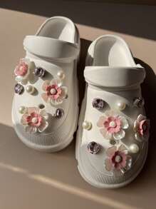 18pcs Spring/Summer Pink Flower, Crystal, Pearl Shoes Decor Set, Suitable For Jelly Shoes, Beach Sandals - Pink - View 2