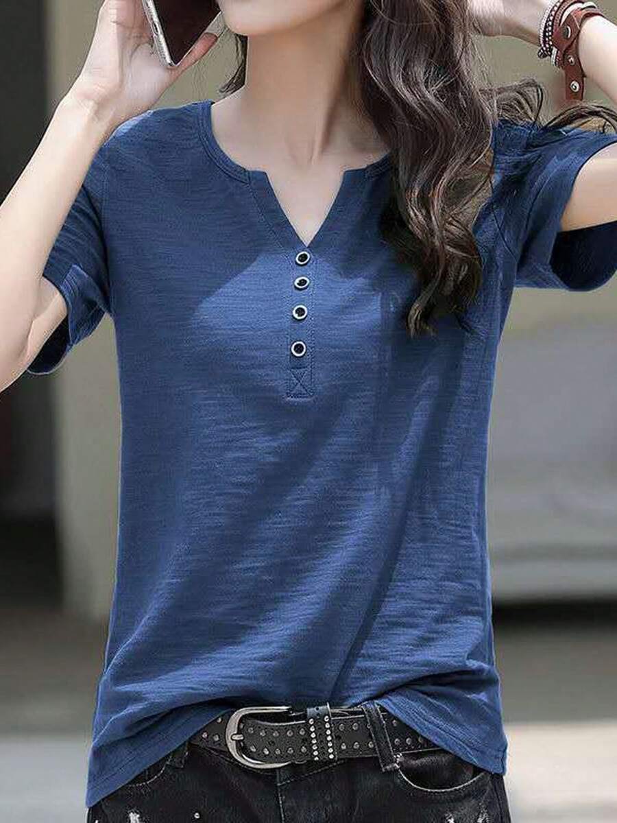 Camiseta Casual de bambú algodón Para Mujer Con Cuello En V - Azul - Ver 1