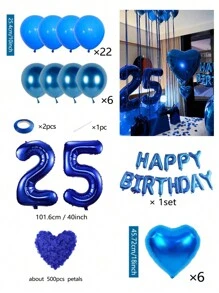 540 个蓝色生日快乐气球横幅，40 英寸（约 101.6 厘米）聚酯薄膜铝箔数字气球，蓝色心形气球，假蓝色玫瑰花瓣，适合女士、男士、生日派对装饰、蓝色主题派对家居装饰 - 寶藍色 - 查看 12