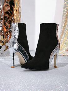 Simple Black Contrast Color Short Boots With Zipper, Pointed Toe Thin Heel Gold Boots With Fur Lining, Warm, European & American Style, Fashionable Mid-Calf Boots For Halloween,Wear With Dress