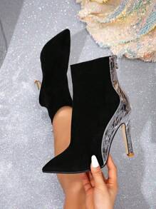 Simple Black Contrast Color Short Boots With Zipper, Pointed Toe Thin Heel Gold Boots With Fur Lining, Warm, European & American Style, Fashionable Mid-Calf Boots For Halloween,Wear With Dress